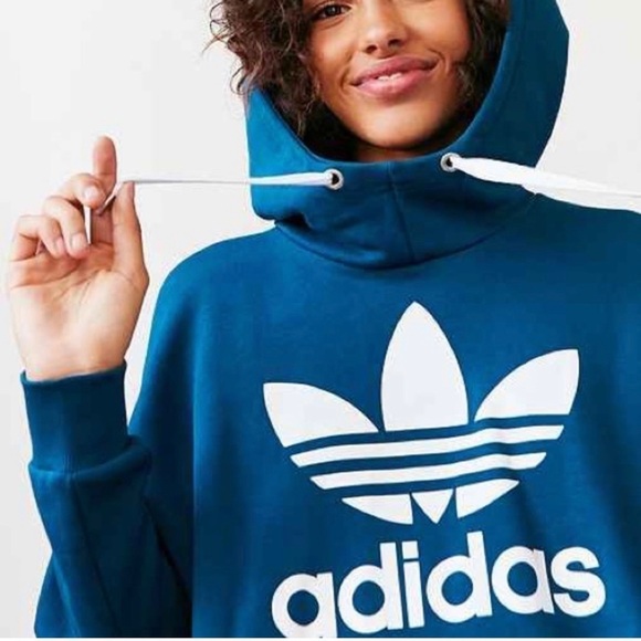 Adidas Women’s Blue Treefoil Oversized Tech Style Hoodie Size Small - Picture 2 of 9